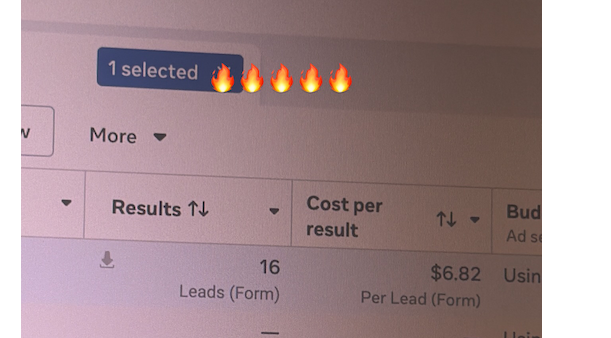 Captura de Meta Ads: 16 leads a 6.82 dólares por resultado