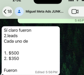 Mensaje de un cliente confirmando dos leads de 500 y 350 dólares